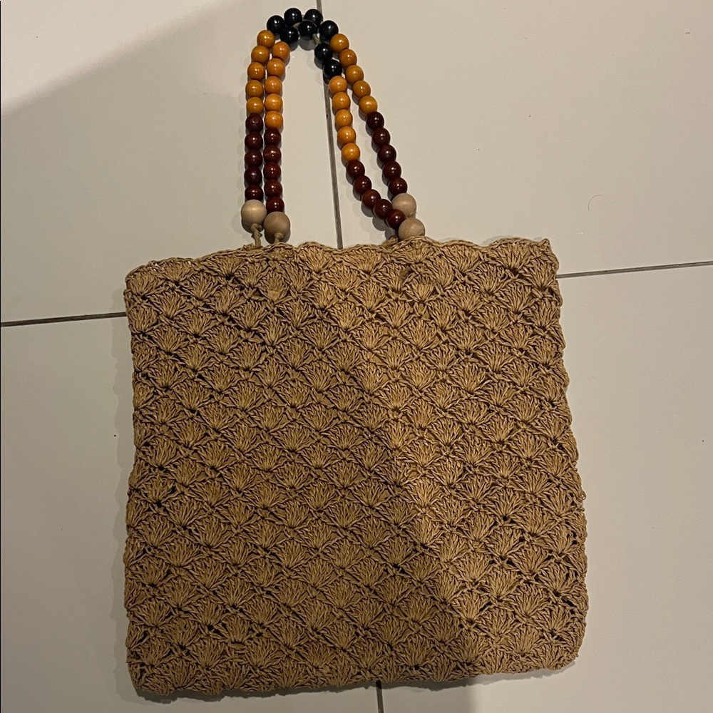 Handcrafted Tan Woven Bag with Beaded Handles Zara